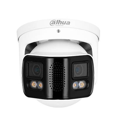 DAHUA IPC-PDW5849-A180-E2-ASTE Cámara IP Full Color con visión de 180° y doble lente de 4 MP. Ofrece protección perimetral, mapa de calor, conteo de personas, y LED de 40m. Cuenta con multivisión, WizMind, audio bidireccional, ePoE, H.265 e IP67.