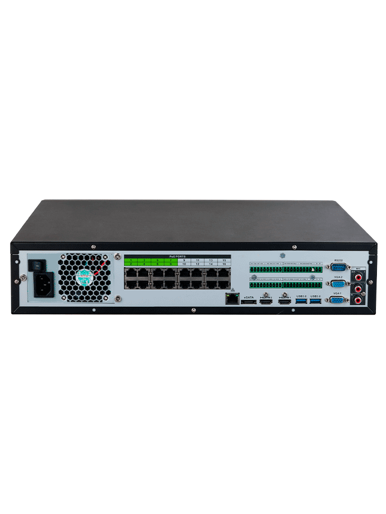 DAHUA DHI-NVR5832-16P-EI -NVR de 32 canales IP 4K con 16 puertos PoE y 8 puertos ePoE. Ofrece tecnología Acupick, detección y reconocimiento facial, SMD, 8 bahías para discos duros y admite RAID 0/1/5/6/10, con un ancho de banda de 384 Mbps.