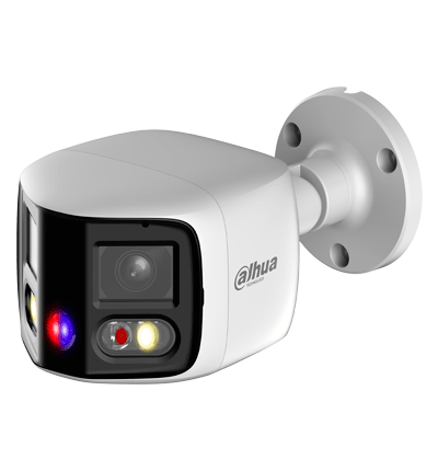 DAHUA IPC-PFW3849S-A180-AS-PV Cámara IP Bullet WizSense 2x4MP con visión de 180°, MultiVision, LED IR 25m y luz cálida 20m. Disuasión activa con micrófono dual y altavoz integrado, EPTZ, SMD 4.0, PoE, IP67, y ranura MicroSD. Ideal para seguridad avanzada.