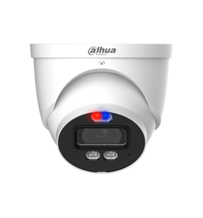 Dahua HAC-ME1239HN-A-PV - Cámara Domo TiOC de 2 Megapixeles/ Disuasion Activa Luz Roja y Azul/ Lente de 3.6 mm/ Super Adapt/ Microfono y Altavoz Integrados/ 40 Metros de Iluminación (IR y Cálida)/ Metalica/ IP67/