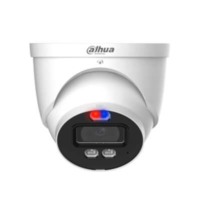 Dahua HAC-ME1239HN-A-PV - Cámara Domo TiOC de 2 Megapixeles/ Disuasion Activa Luz Roja y Azul/ Lente de 3.6 mm/ Super Adapt/ Microfono y Altavoz Integrados/ 40 Metros de Iluminación (IR y Cálida)/ Metalica/ IP67/