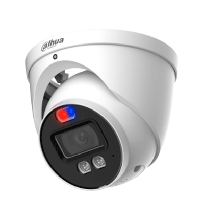 Dahua HAC-ME1239HN-A-PV - Cámara Domo TiOC de 2 Megapixeles/ Disuasion Activa Luz Roja y Azul/ Lente de 3.6 mm/ Super Adapt/ Microfono y Altavoz Integrados/ 40 Metros de Iluminación (IR y Cálida)/ Metalica/ IP67/