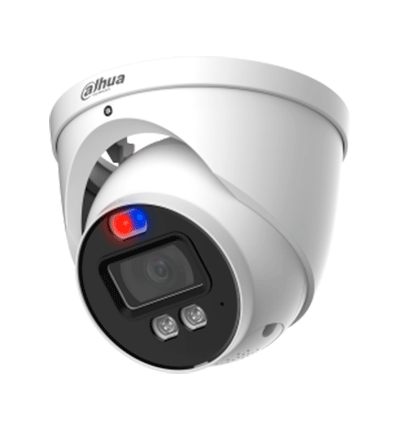 Dahua HAC-ME1239HN-A-PV - Cámara Domo TiOC de 2 Megapixeles/ Disuasion Activa Luz Roja y Azul/ Lente de 3.6 mm/ Super Adapt/ Microfono y Altavoz Integrados/ 40 Metros de Iluminación (IR y Cálida)/ Metalica/ IP67/