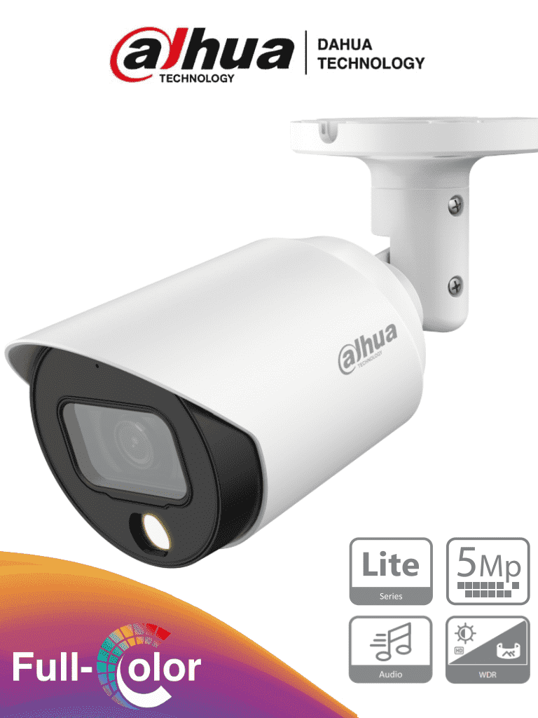 DAHUA HAC-HFW1509T-A-LED - Cámara Bullet Full Color de 5 Megapixeles/ Lente de 3.6 mm/ Micrófono Integrado/ Leds para 20 Metros/ Metalica/ WDR de 120 dB/ IP67/