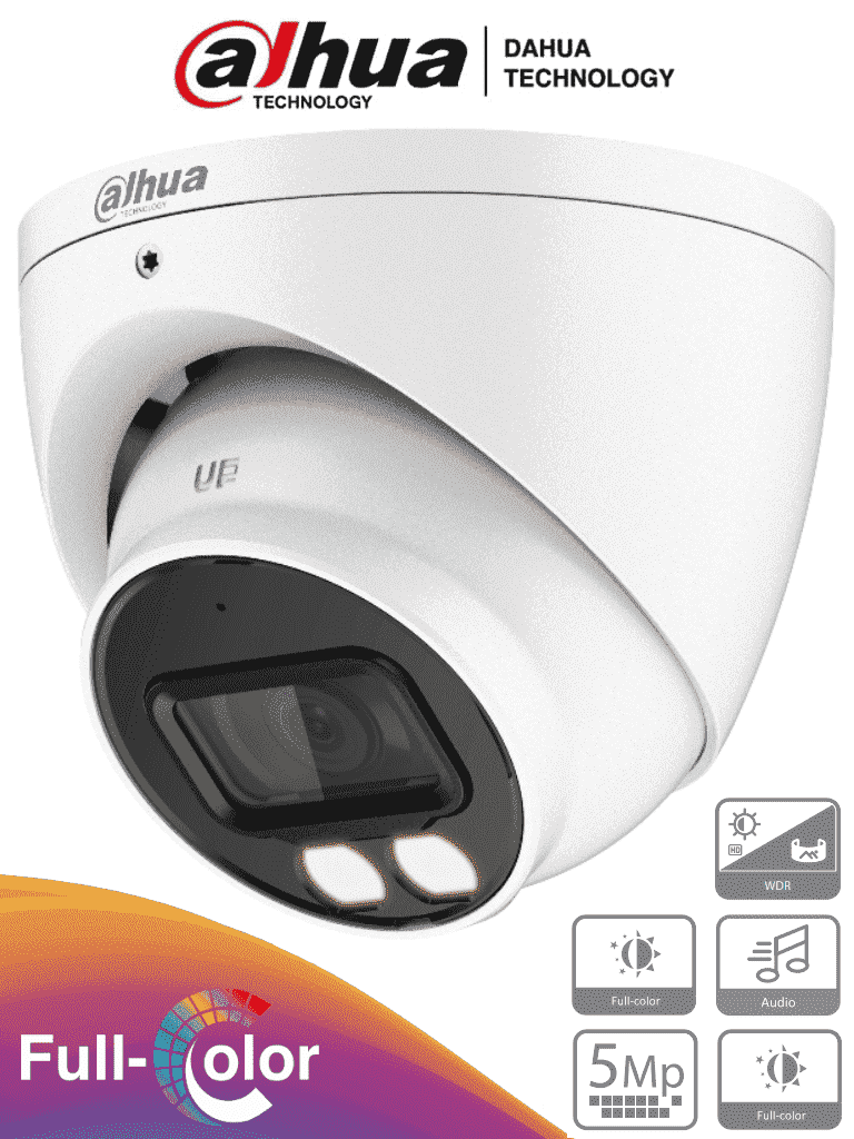 DAHUA  HAC-HDW1509TN-A-LED-0360B - Cámara Domo Full Color de 5 MP con lente de 3.6 mm y micrófono integrado. Ofrece iluminación LED hasta 40 metros, tecnología Starlight y resistencia al agua IP67
