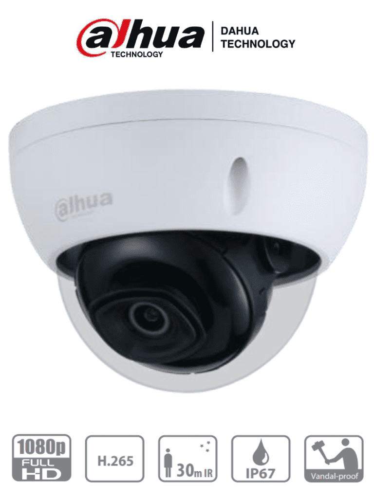 DAHUA DH-IPC-HDBW1230EN-0280B-S5- Cámara IP Domo Antivandalica de 2 Megapixeles/ Lente de 2.8 mm/ 104 Grados de Apertura/ Metalica/ IR de 30 Mts/ IP67/ IK10/ PoE/ DWDR/