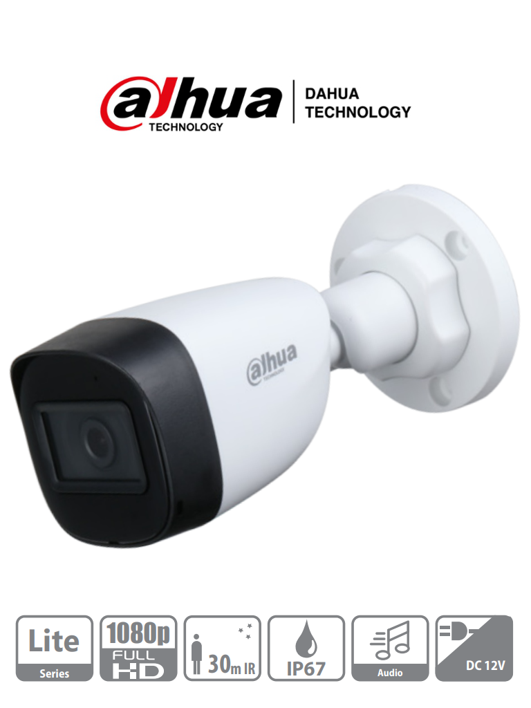 DAHUA HAC-HFW1200CN-A - Cámara Bullet 1080p/ Micrófono Integrado/  Lente de 2.8mm/ 30 Mts de Ir/ IP67/ Policarbonato/ CVI/CVBS/AHD/TVI/ BLC/HLC/DWDR
