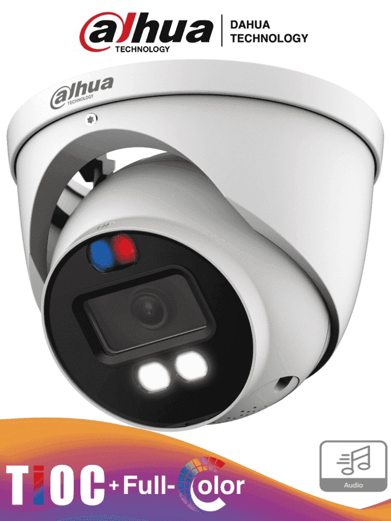 DAHUA DH-HAC-ME1809HN-A-PV - Camara Domo TiOC 4k/ Disuasión Activa/ Iluminador Dual Inteligente + FullColor/ Estrobo con Luz Roja y Azul/ Lente de 2.8mm/ 106 Grados de Apertura/ 40 Metros de IR y  Luz Visible/ Microfono Integrado/ IP67/