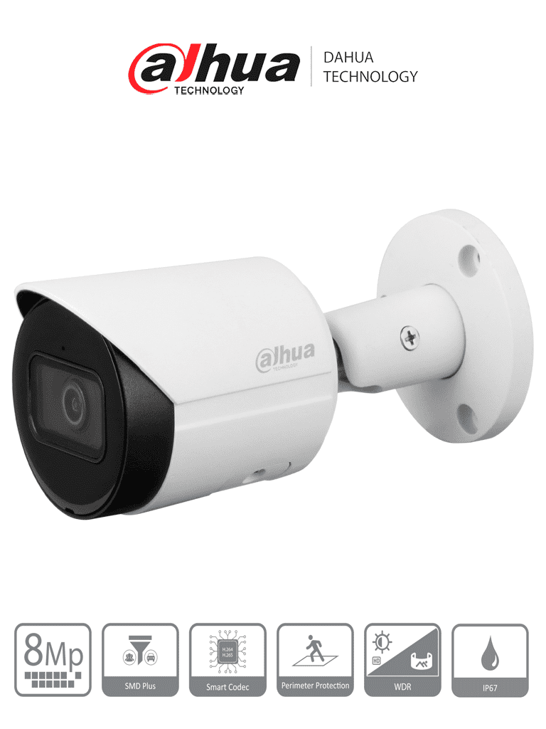 DAHUA DH-IPC-HFW2841S-S - Cámara IP Bullet 4k/ 8 Megapíxeles/ Lente de 2.8 mm/ 105 Grados de Apertura/ H.265+/ IR de 30 Mts/ Metálica/ WDR Real de 120 dB/ IP67/ Video analíticos con IVS/ Ranura para MicroSD/ PoE