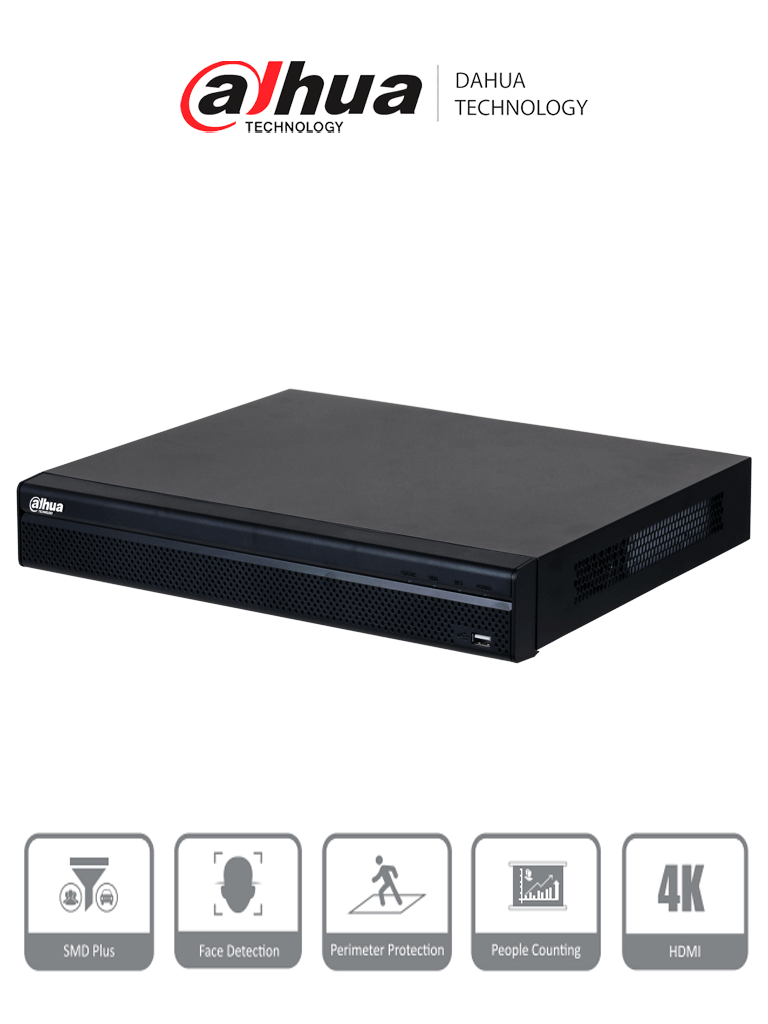 DAHUA DHI-NVR4232-4KS3 NVR De 32 canales IP, 8 MP/4K, 160 Mbps, Smart H.265+, 2 Bahías para HDD de 20 TB cada uno, HDMI & VGA, soporta cámaras WizSense y 2 canales SMD Plus. #LoNuevo