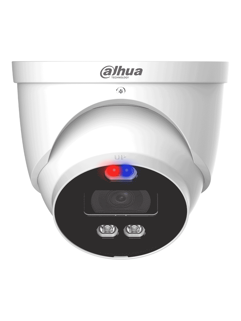 DAHUA DH-HAC-ME1809HN-A-PV - Camara Domo TiOC 4k/ Disuasión Activa/ Iluminador Dual Inteligente + FullColor/ Estrobo con Luz Roja y Azul/ Lente de 2.8mm/ 106 Grados de Apertura/ 40 Metros de IR y  Luz Visible/ Microfono Integrado/ IP67/