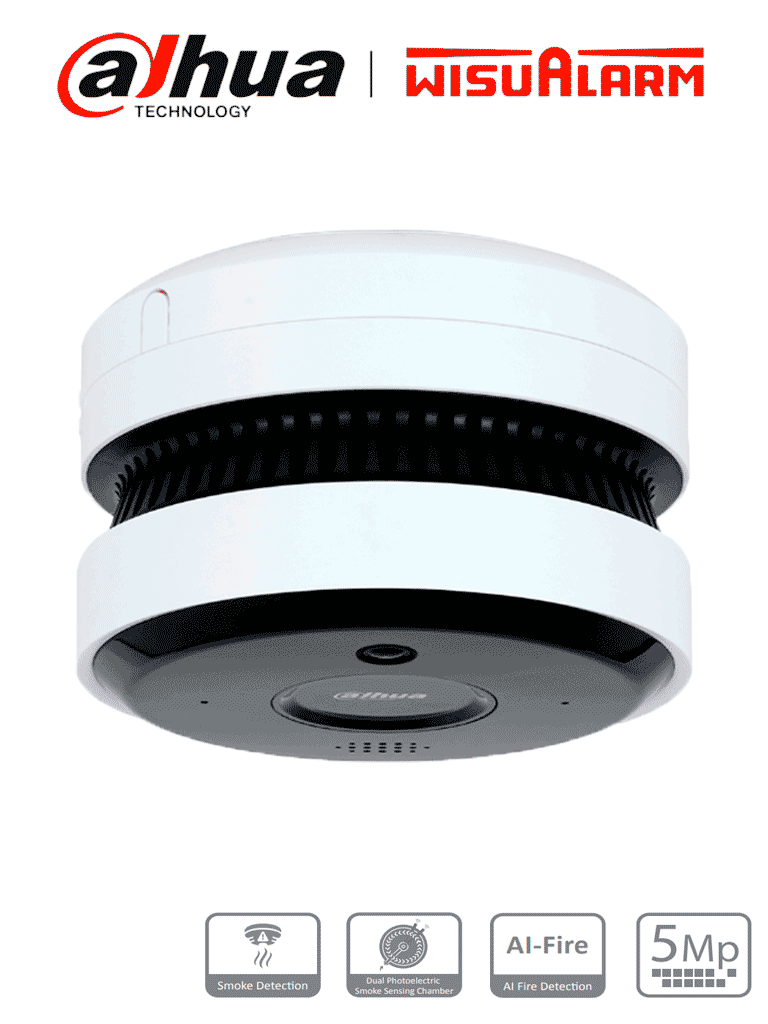 DAHUA WISUALARM DHI-HY-SAV849HA-E - Cámara IP 5MP con IA para Detección de Incendio/ Detector Fotoelectrico/ Buzzer de 85 dB/ WDR Real/ Flip/ E&S de Alarma/ IR de 20 Metros/ PoE/ Microfono y Altavoz/ Ranura MicroSD/ #LoNuevo #Wisualarm #MCI1 #WR #IPW #WS