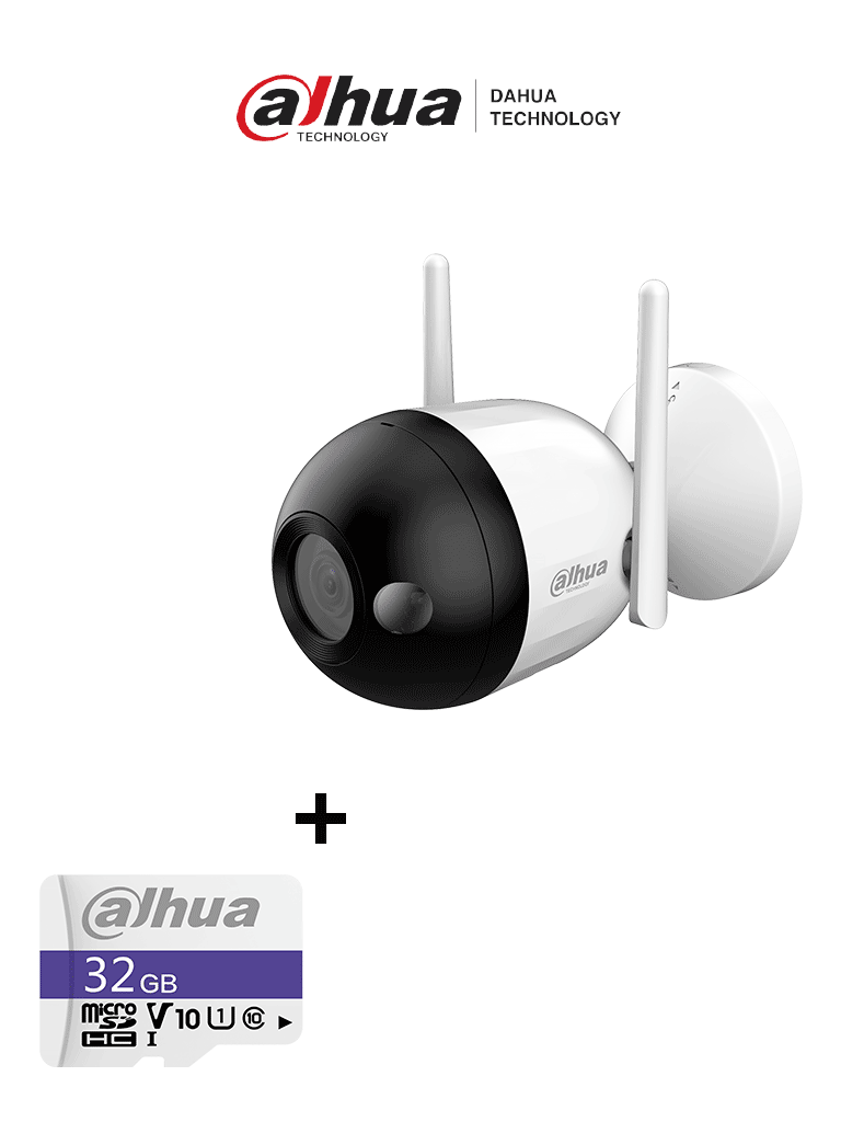 Bundle F2C-LED - Cámara IP Bullet Wifi de 2 Megapíxeles/ Full Color/ Microfono Integrado/ 30 Mts de Luz Visible/ Ranura para MicroSD/ IA con Detección de Humanos/ IP67/ + Memoria Micro SD  de 32GB/