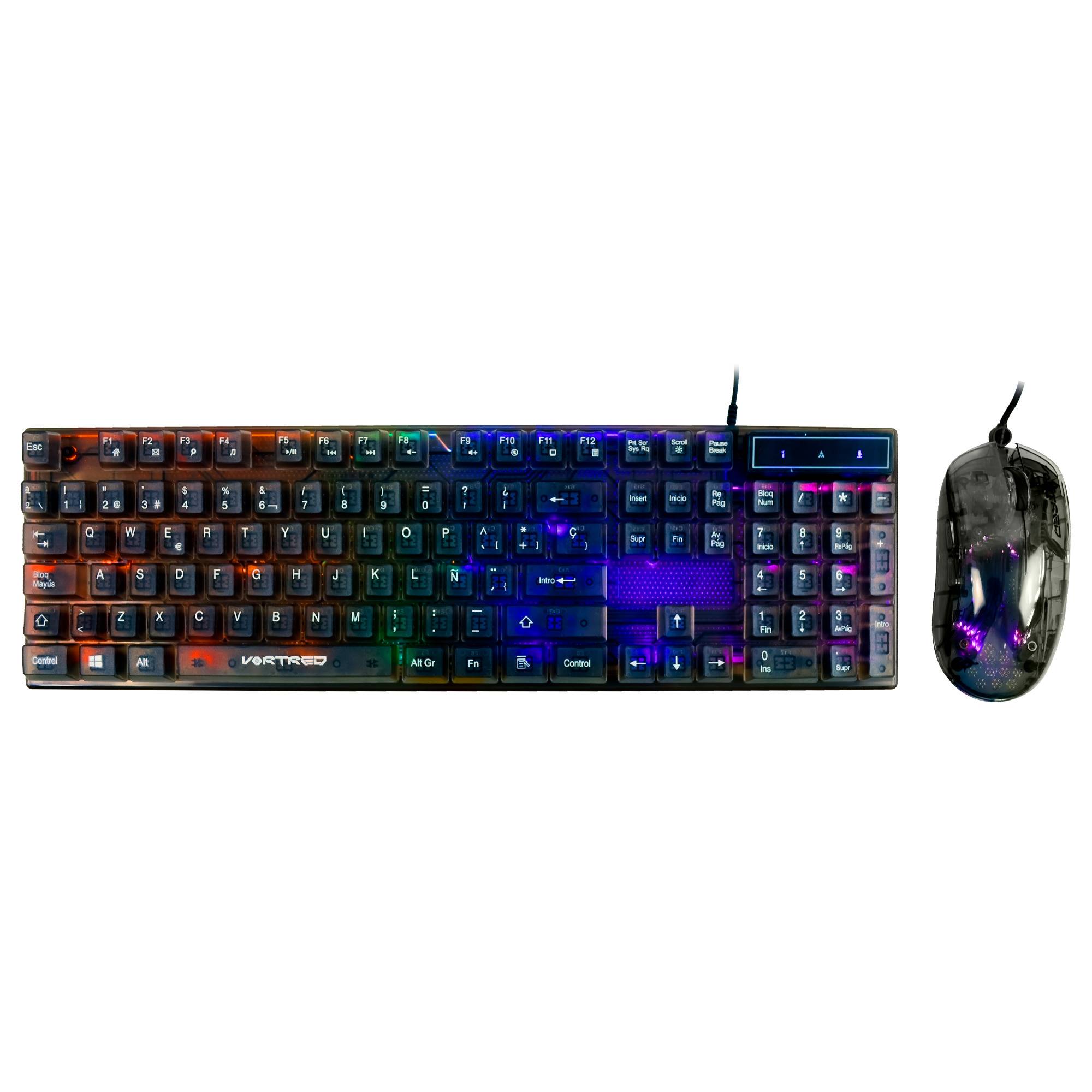 Kit Mouse y Teclado Gamer Alámbrico Transparente iluminación RGB Helumo | VORTRED -