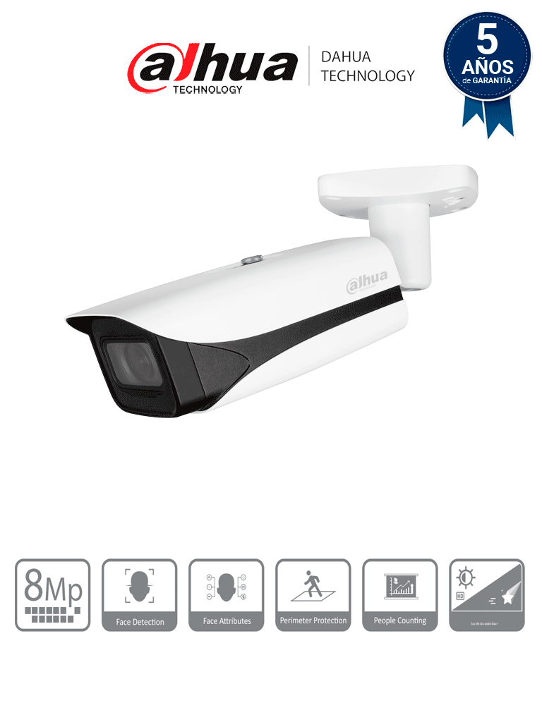DAHUA DH-IPC-HFW5842E-ZE - Camara IP Bala 4k/ WizMind/ Lente Mot. de 2.7 a 12/ IR de 60 Metros/ SMD 3.0/ Metadatos/ WDR/ Ranura para Micro SD/ ePoE/ IP67 /IK10 /SMD 3./ E&A de Alarma y Audio/ Conteo de Personas/ Detección facial
