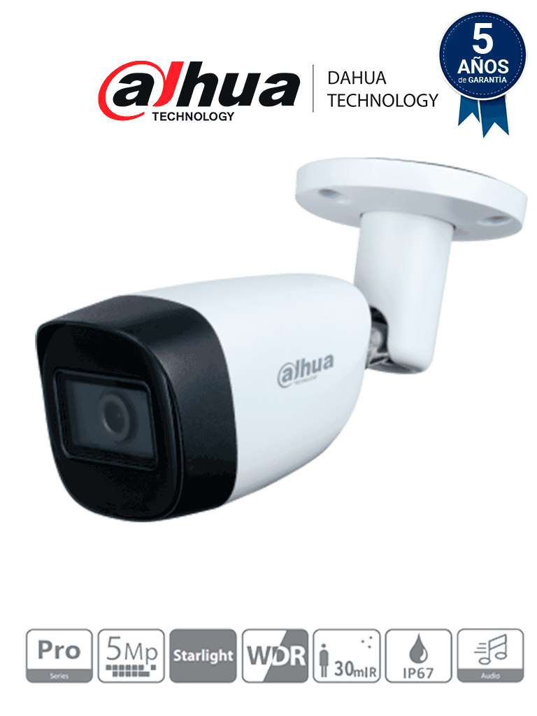 Dahua HAC-HFW2501CM-A - Cámara Ballet de 5 megapíxeles/ Serie Pro/ Lente 3.6mm/ 92 Grados de Apertura/ Micrófono Integrado/ IR de 30 Metros/ WDR 120dB/ 3D NR/  IP67