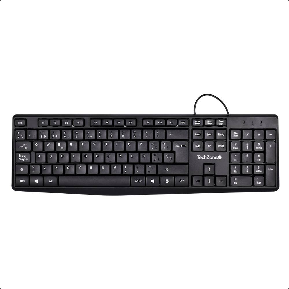 Teclado Alámbrico Techzone TZACTA04 color negro - tipo QWERTY, con indicadores: numérico, mayúscula y bloqueo de desplazamiento, 105 teclas