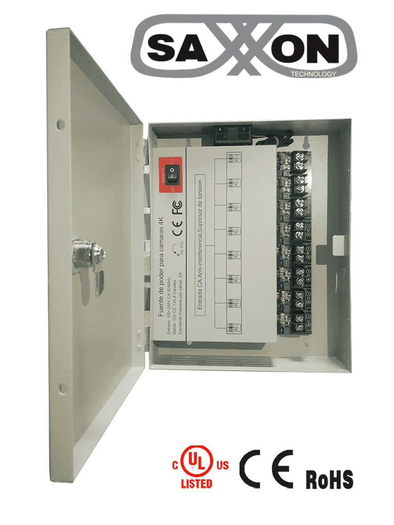 SAXXON PSU1213D8H- Fuente de Poder Profesional de 11 a 15 vcd/ 13 Amperes/ Para 8 Camaras Hasta 4k/ 1.6 Amperes por Canal/  Protección contra Sobrecargas/ Filtro de Ruido por Canal/ Uso rudo/