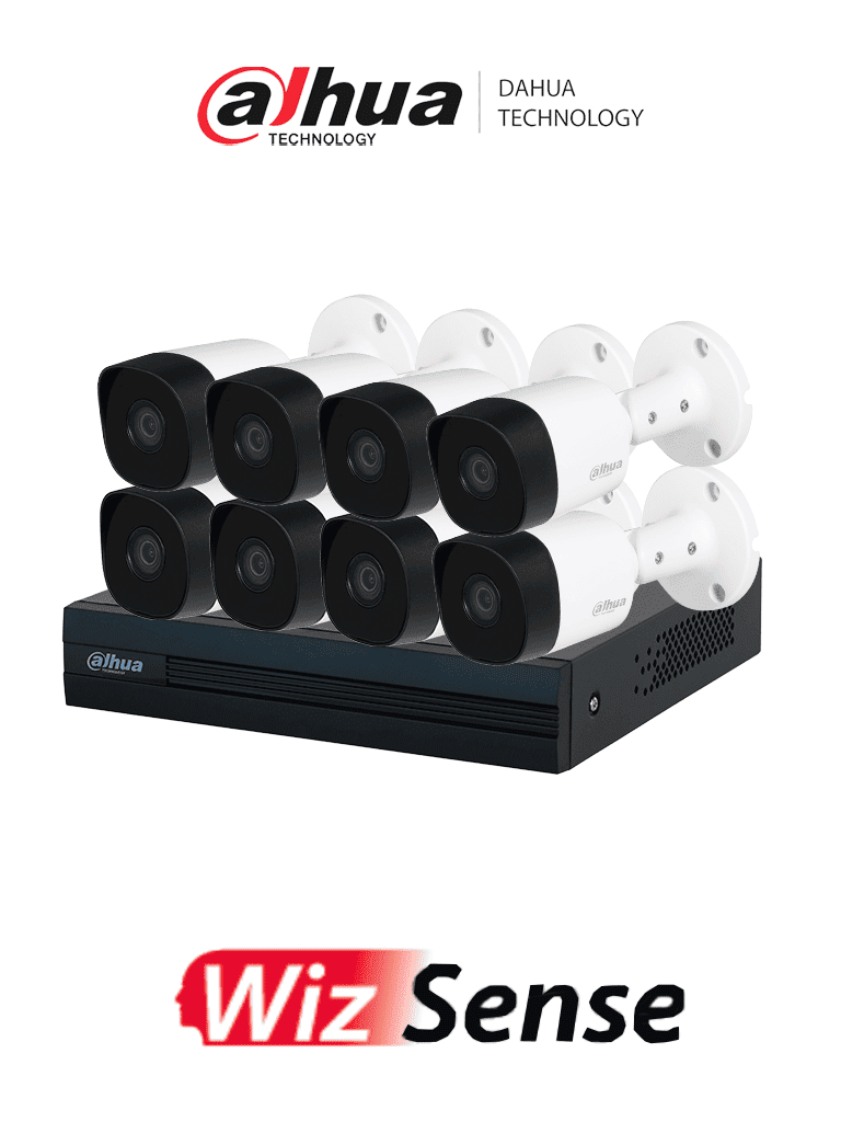DAHUA KIT/XVR1B08-I/8-B2A21N-U - Kit con DVR Cooper-I WizSense de 8 Canales ofrece 8 cámaras de 2 MP con visión 1080p, tecnología de IA y compresión H.265+. Admite hasta 10 canales IP, incluye SMD Plus y permite búsqueda de personas y vehículos